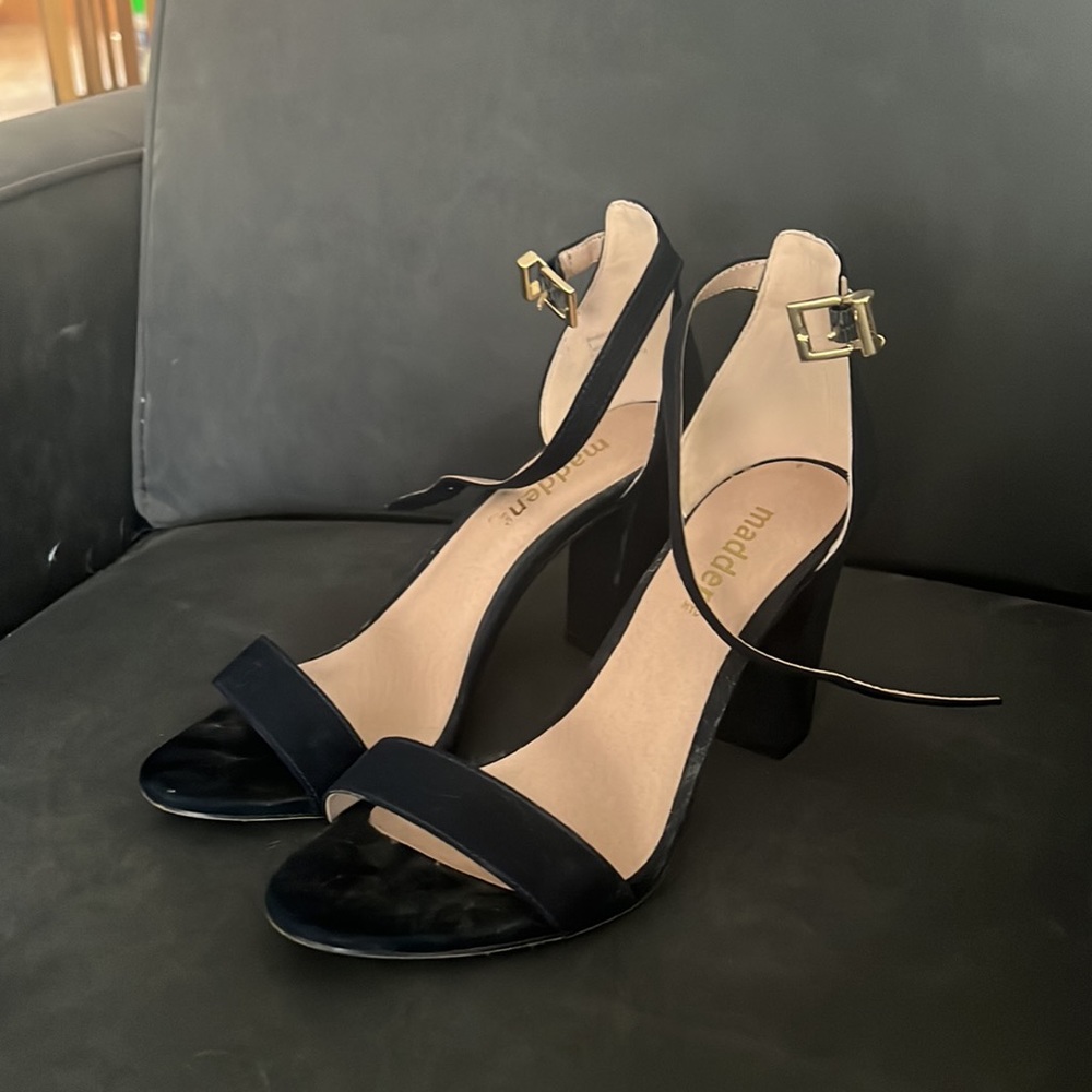 Navy Brigid style ankle strap heels